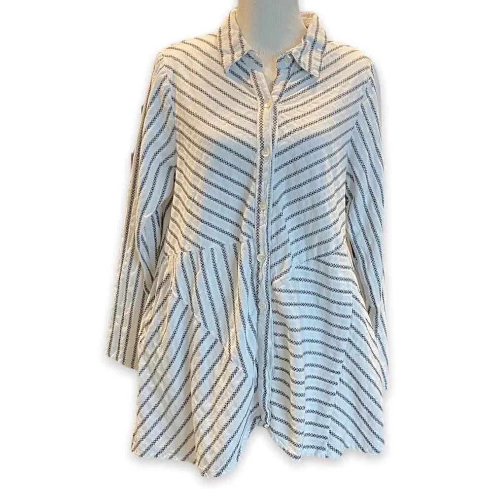 Tulip Embroidered Bohemian Minimalist Striped Tunic Flare Mini Shirt Dress
